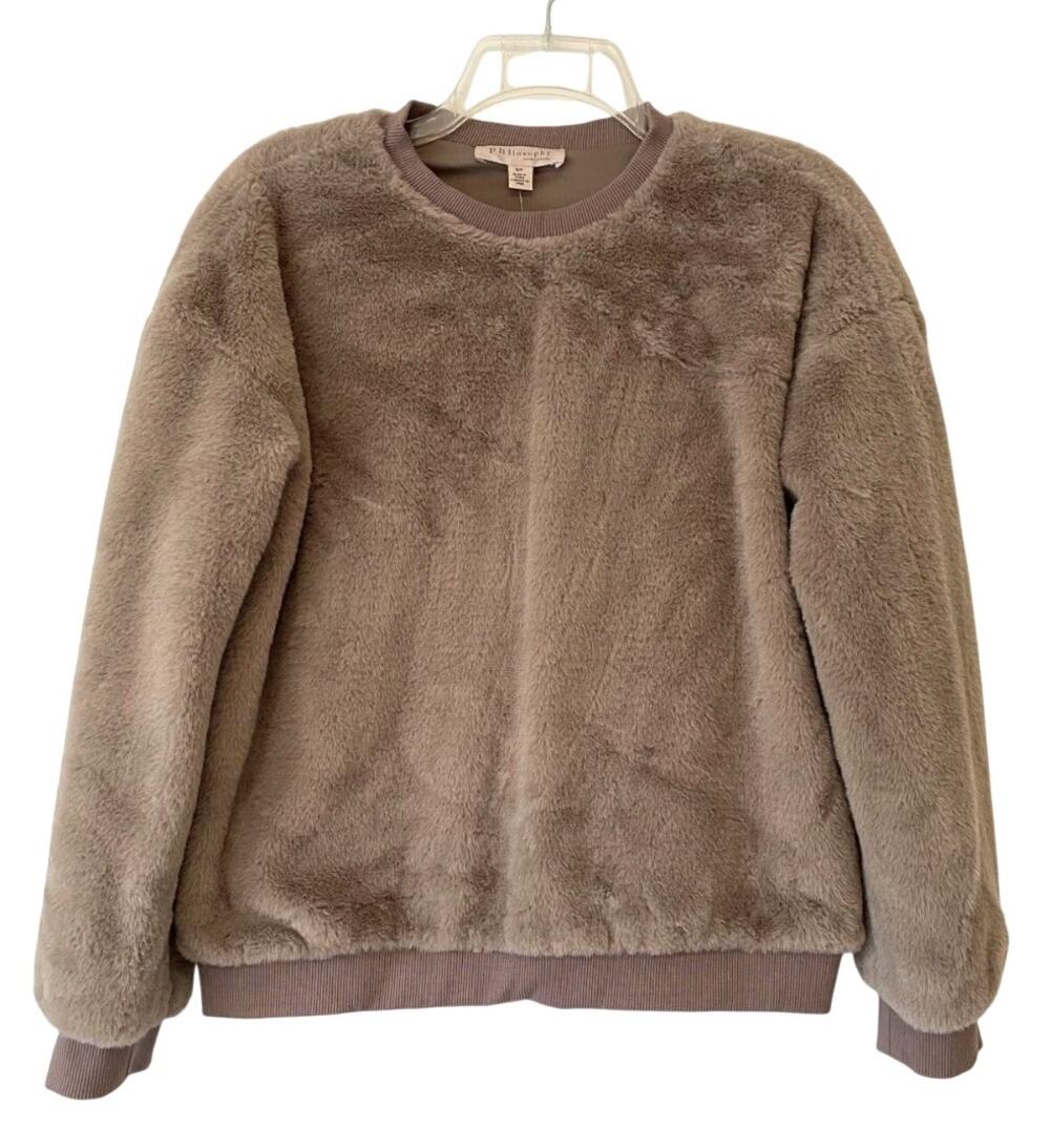 Philosophy Taupe Brown Faux Fur Soft Sweater M Excellent Cozy Sweatshirt Mocha